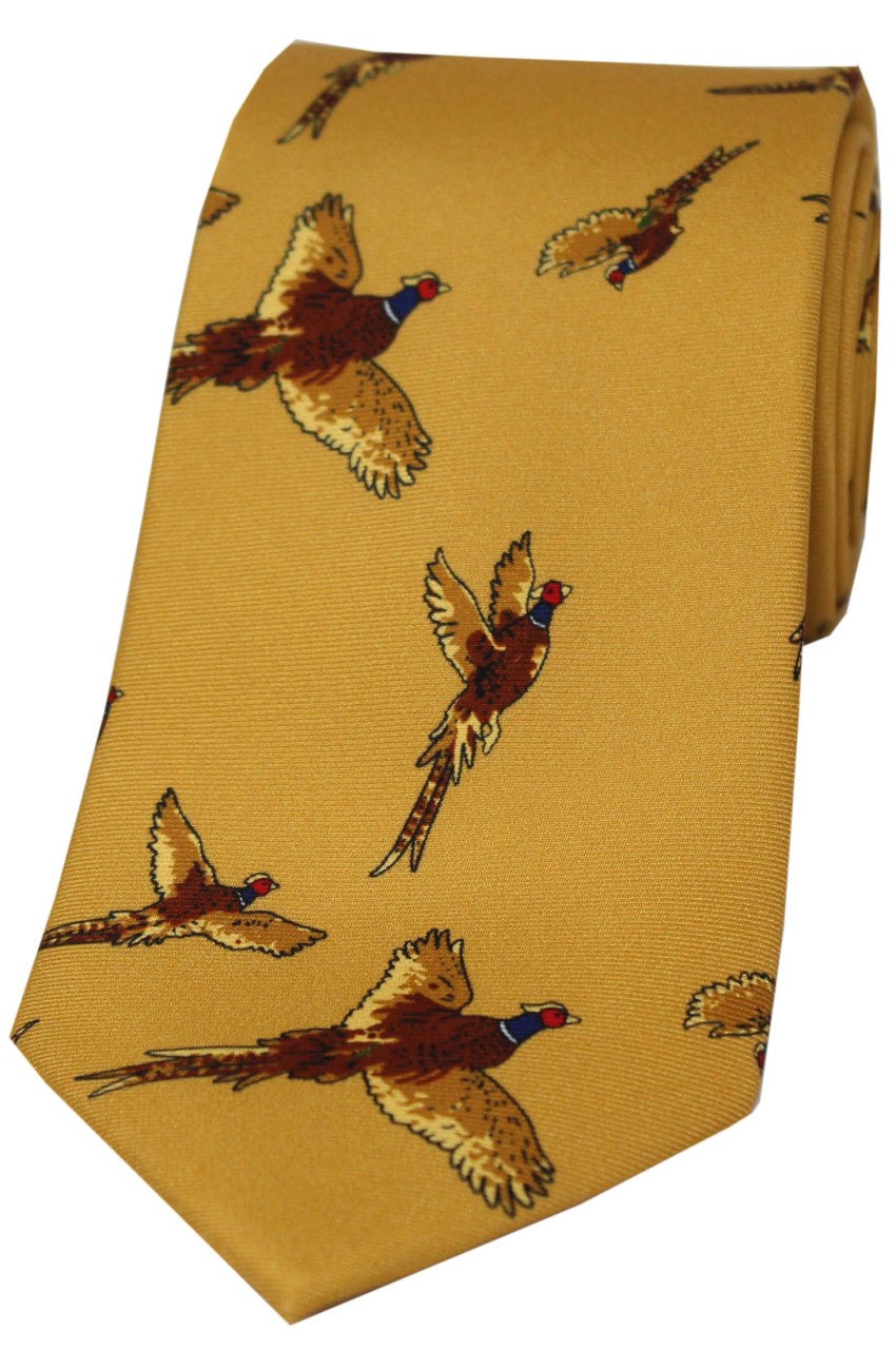 Flying Pheasants On Mustard Ground Country Silk Tie