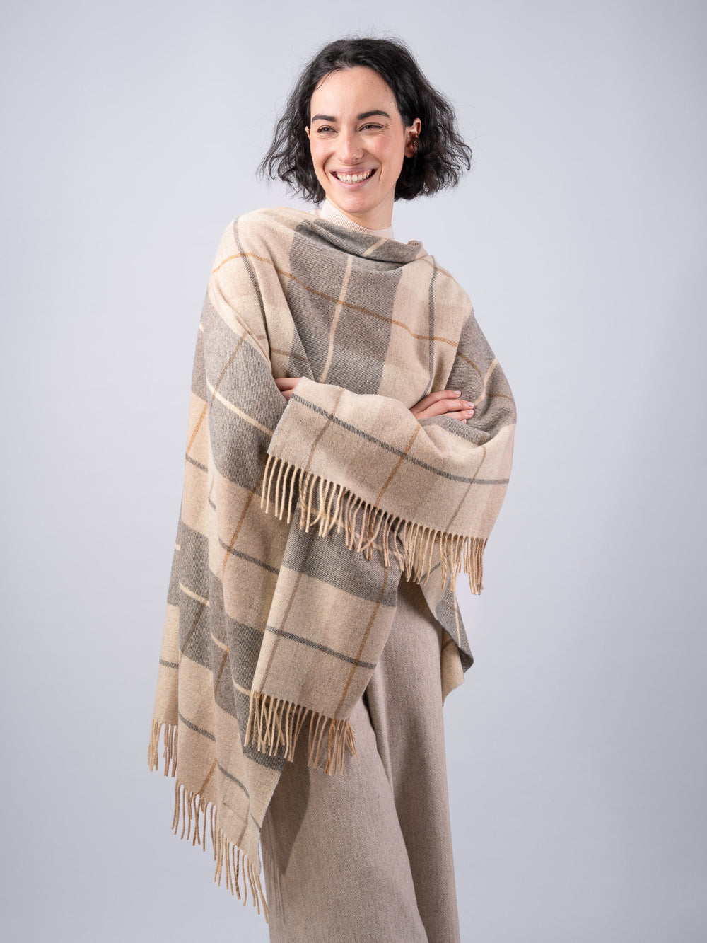 Women's Neutral Check Lambswool Brat Shawl