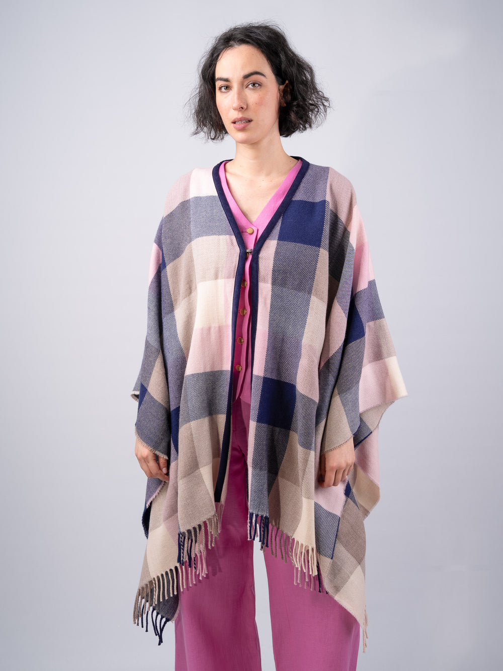 Women's Pink Navy Check Lambswool Brat Shawl