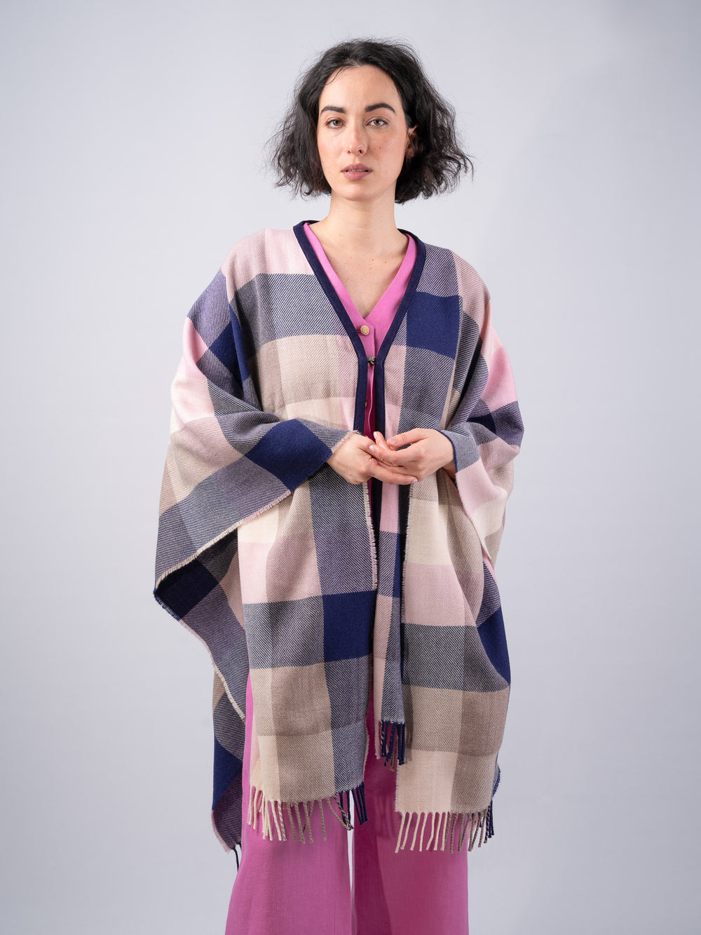 Women's Pink Navy Check Lambswool Brat Shawl