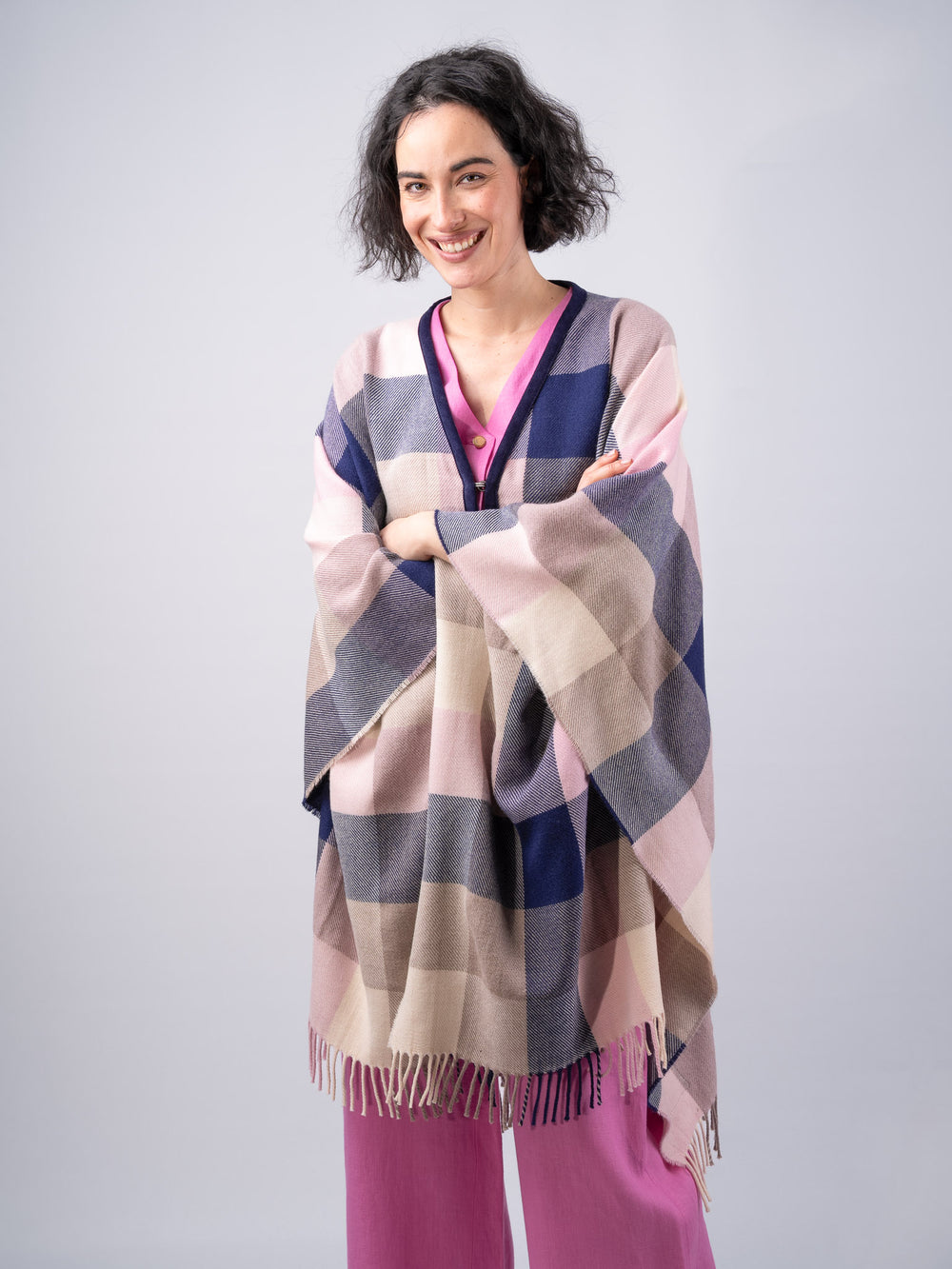 Women's Pink Navy Check Lambswool Brat Shawl