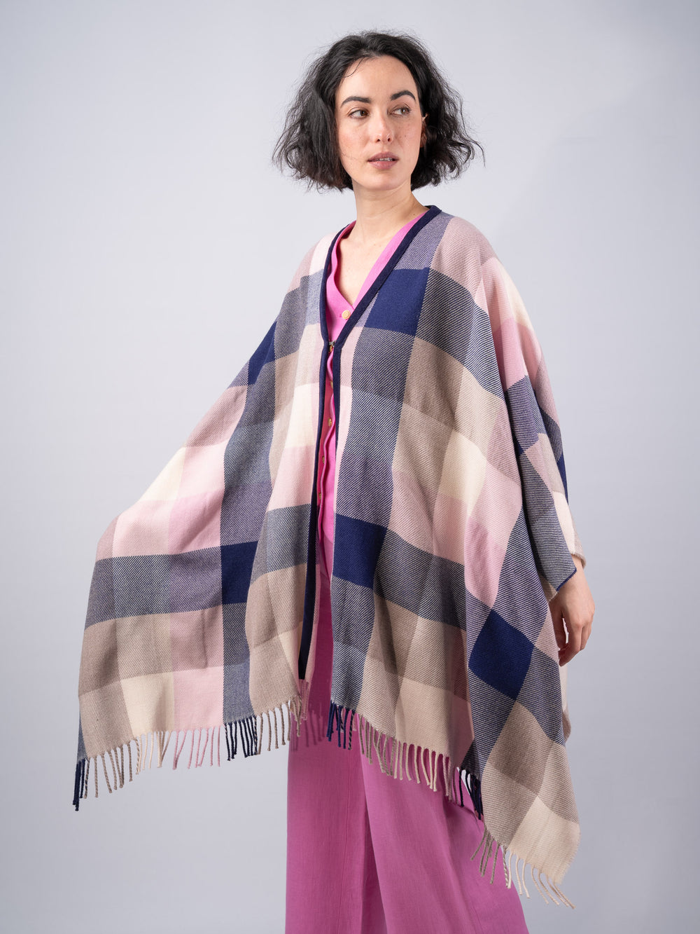 Women's Pink Navy Check Lambswool Brat Shawl