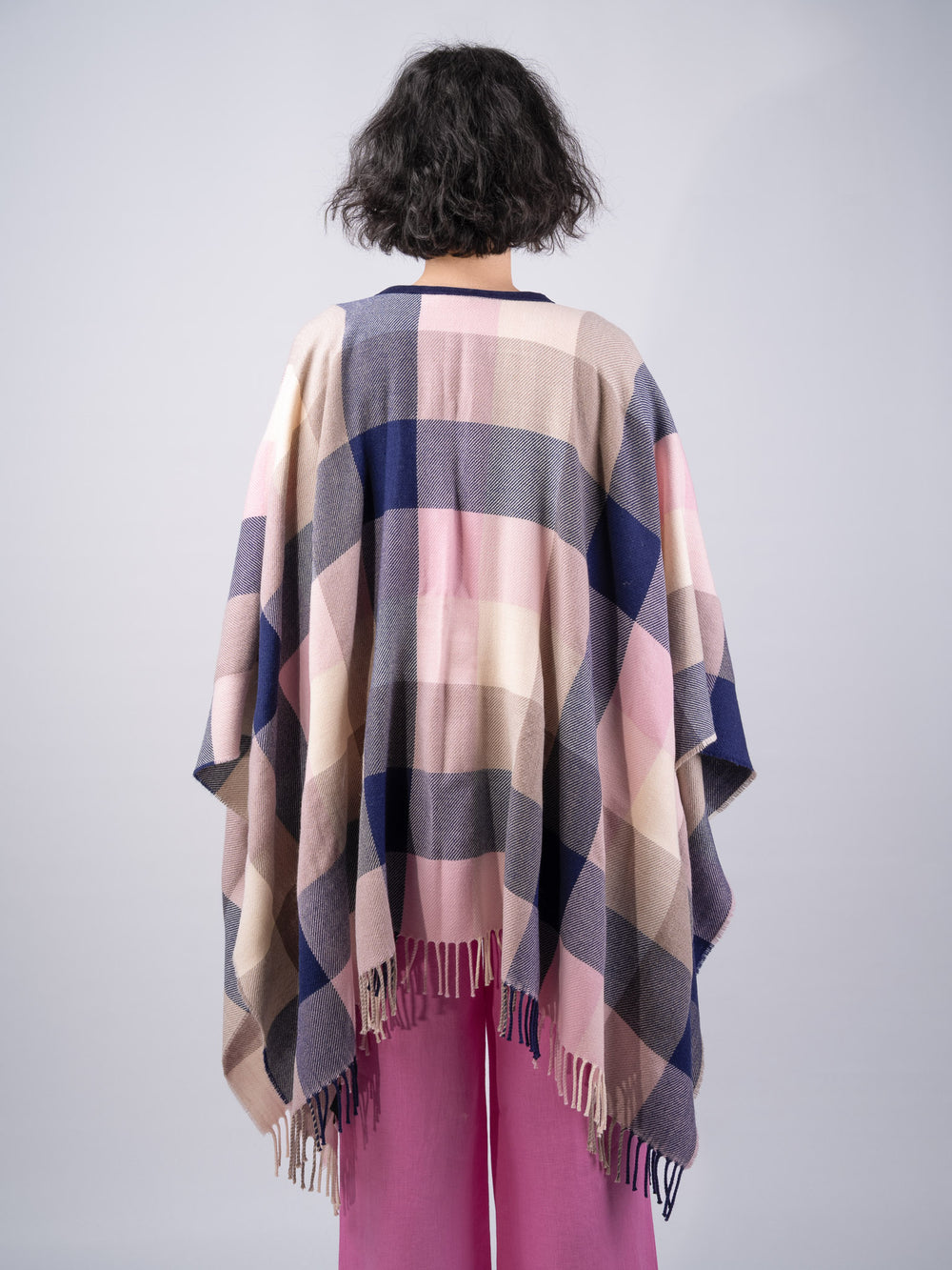 Women's Pink Navy Check Lambswool Brat Shawl