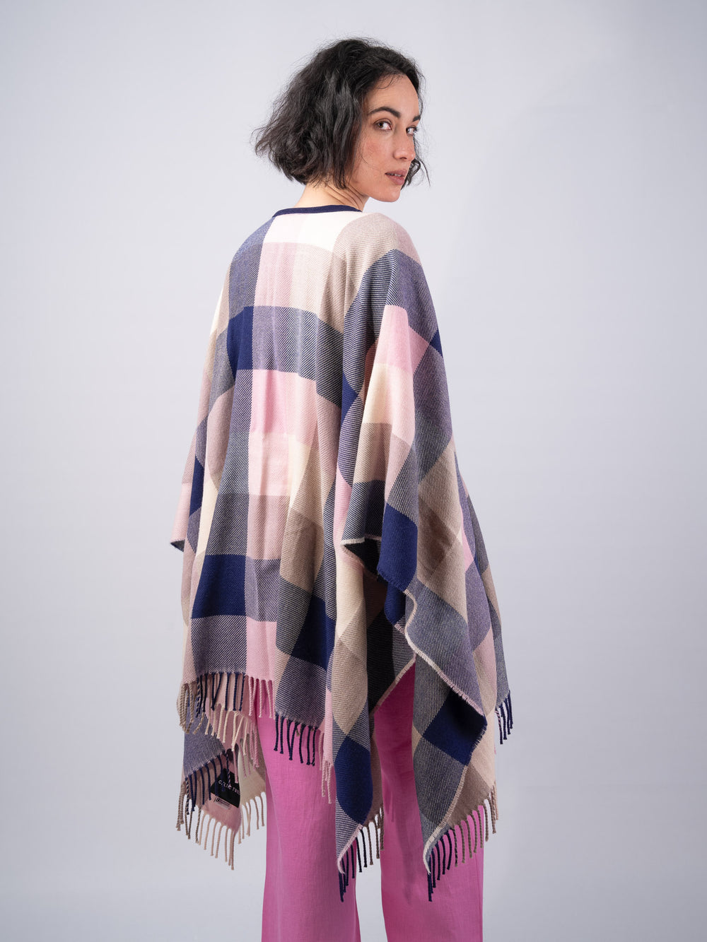Women's Pink Navy Check Lambswool Brat Shawl