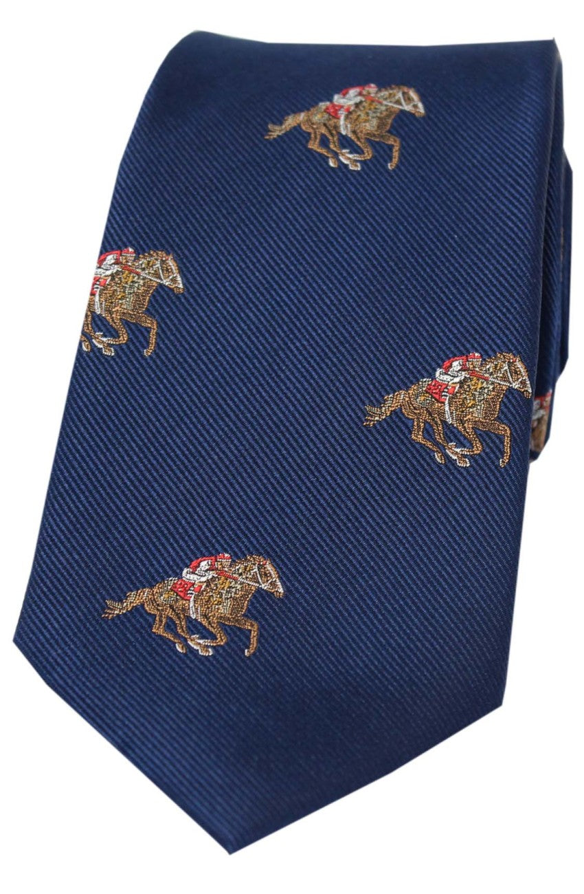 Jockeys and Horses On Blue Ground Country Silk Tie