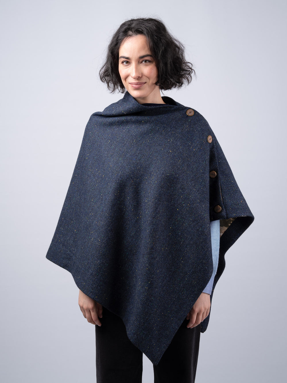 Women's Blue Herringbone Tweed Wool Cape & Cloak