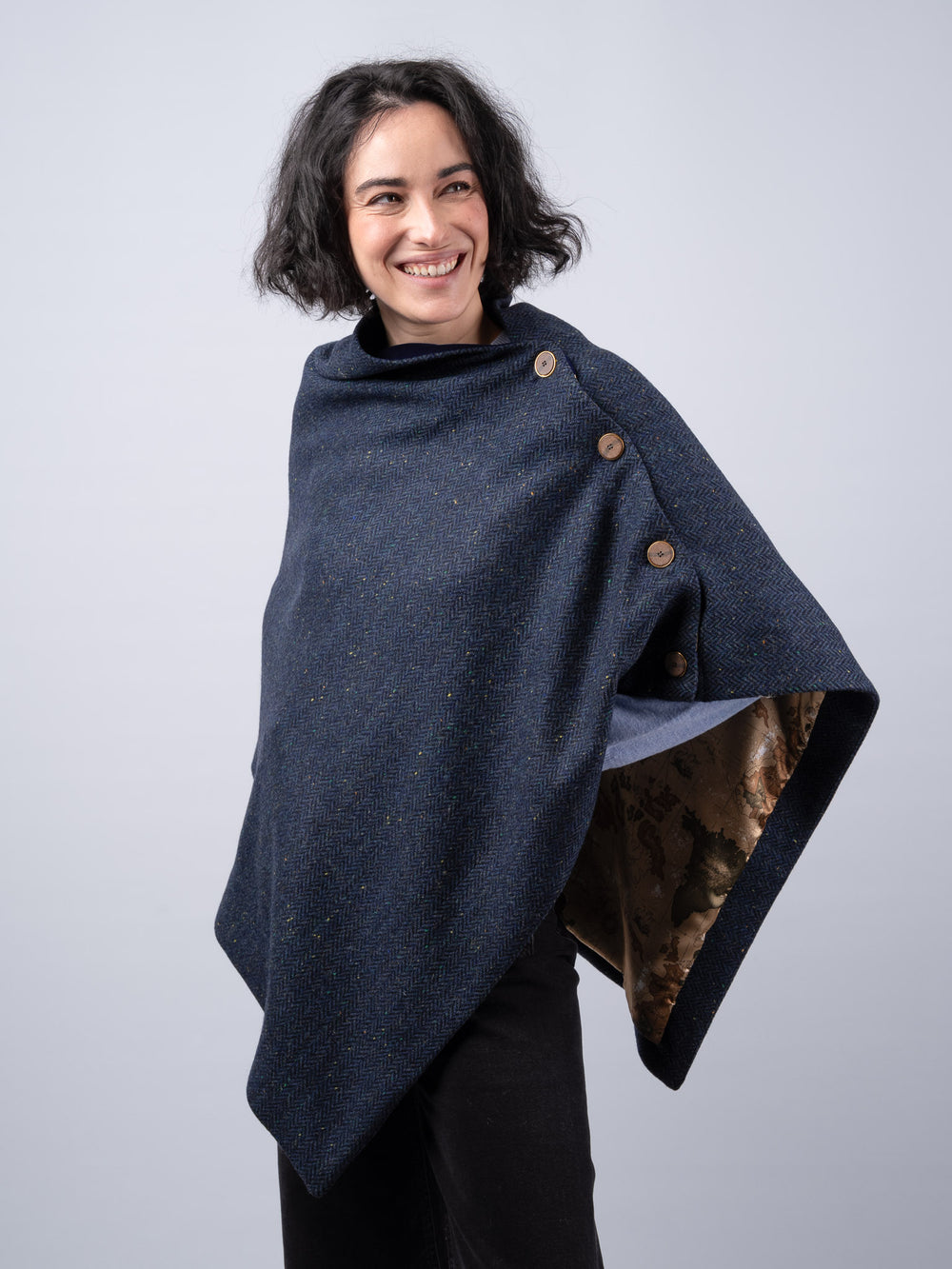 Women's Blue Herringbone Tweed Wool Cape & Cloak