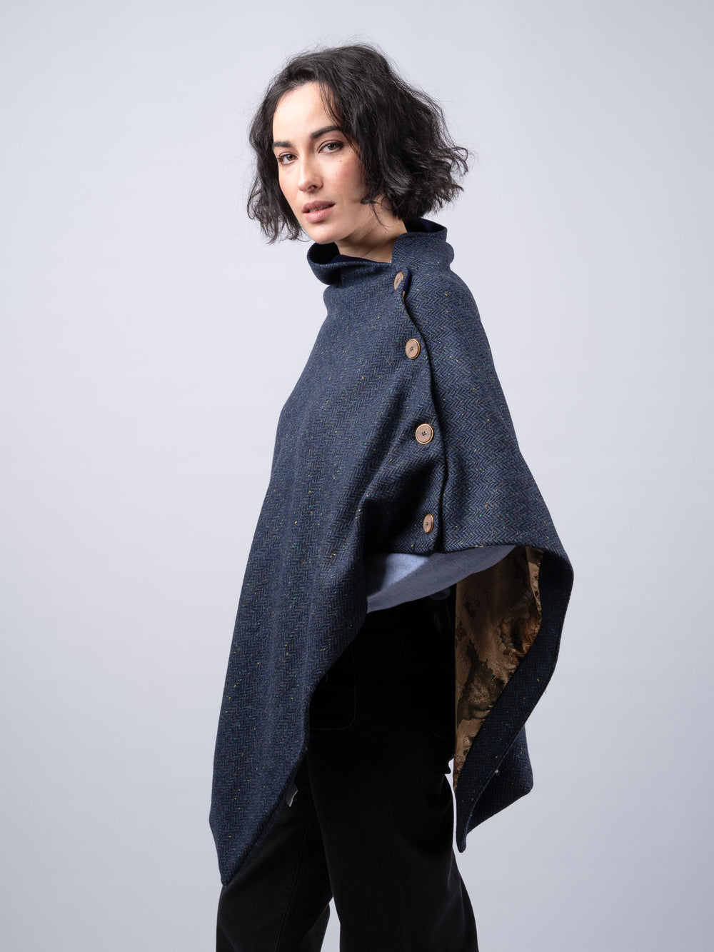 Women's Blue Herringbone Tweed Wool Cape & Cloak