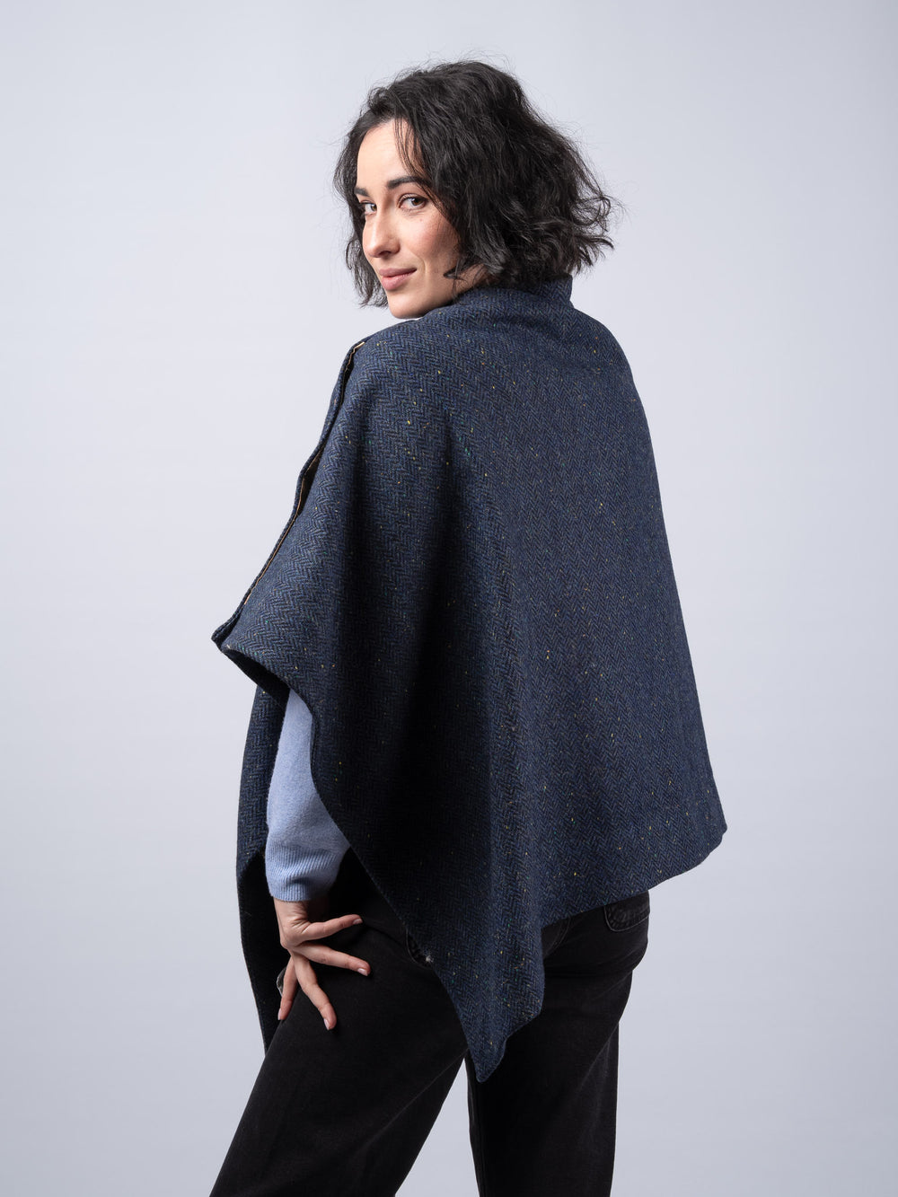 Women's Blue Herringbone Tweed Wool Cape & Cloak