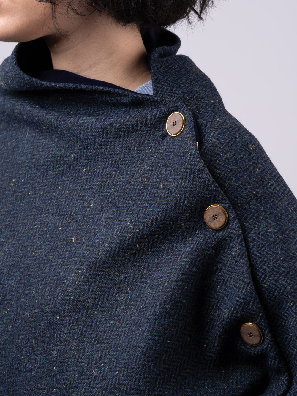 Women's Blue Herringbone Tweed Wool Cape & Cloak