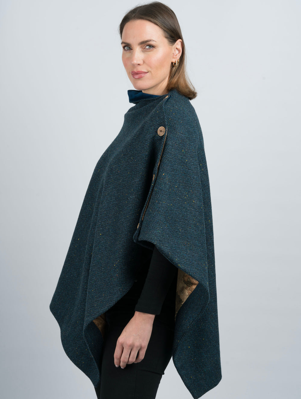 Women's Blue Herringbone Tweed Wool Cape & Cloak