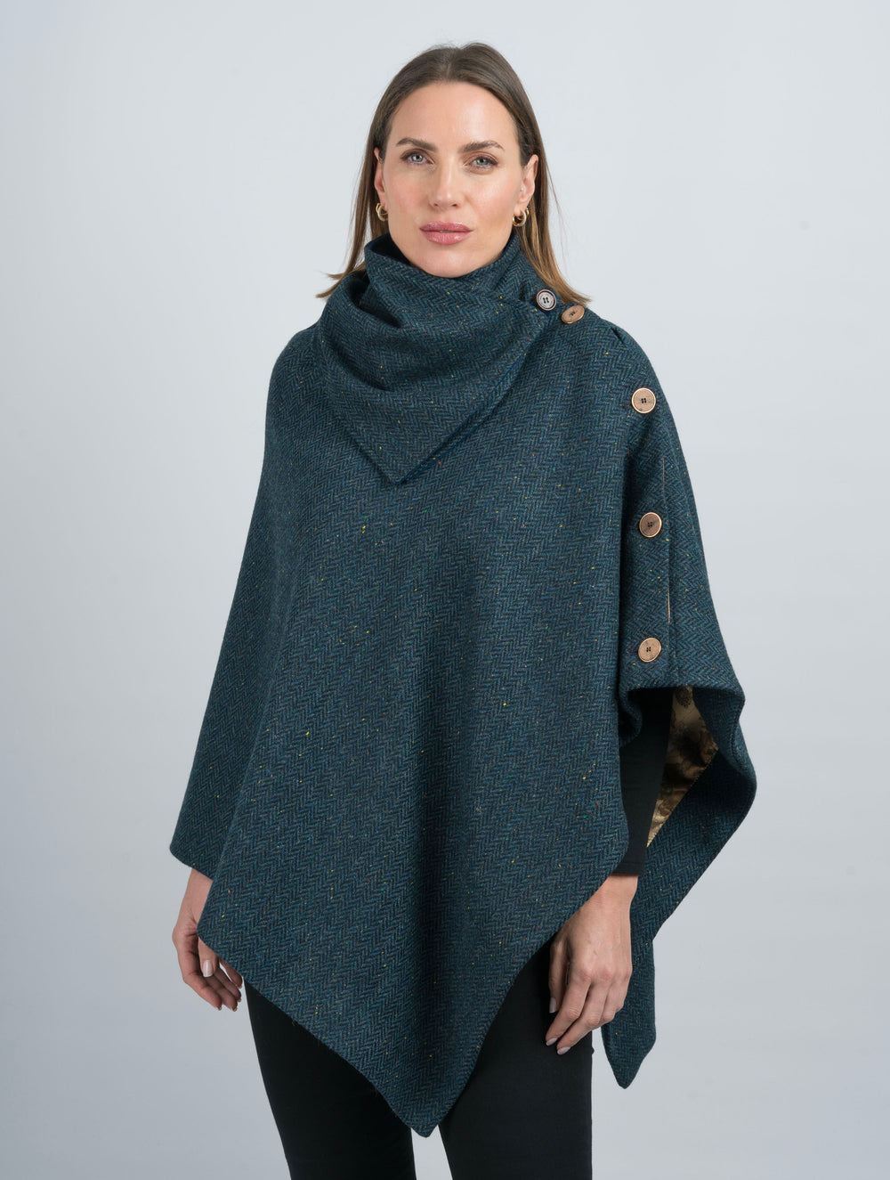 Women's Blue Herringbone Tweed Wool Cape & Cloak