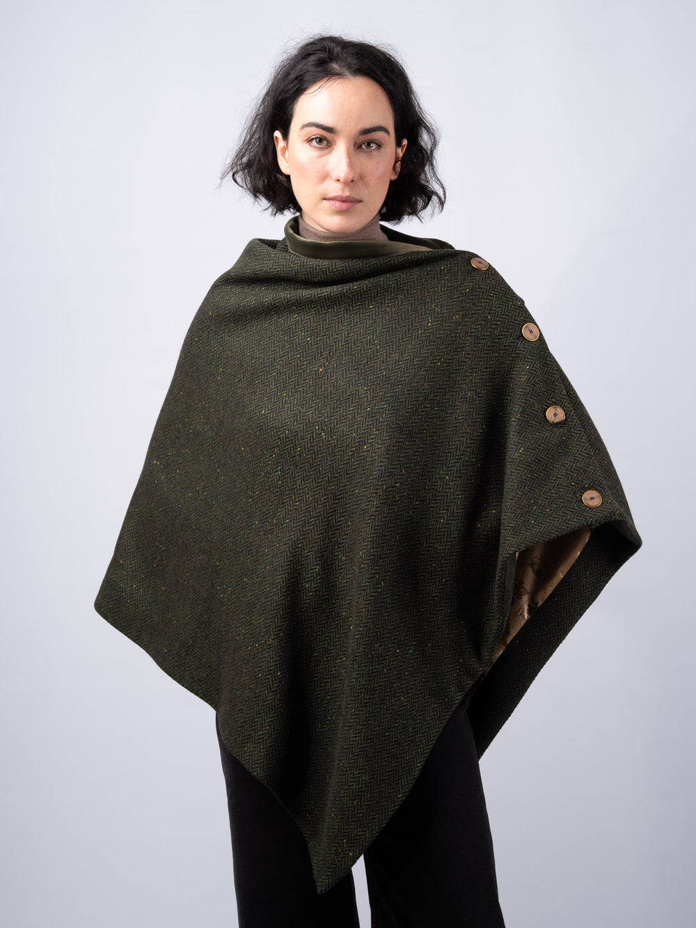 Women's Green Herringbone Tweed Wool Cape & Cloak