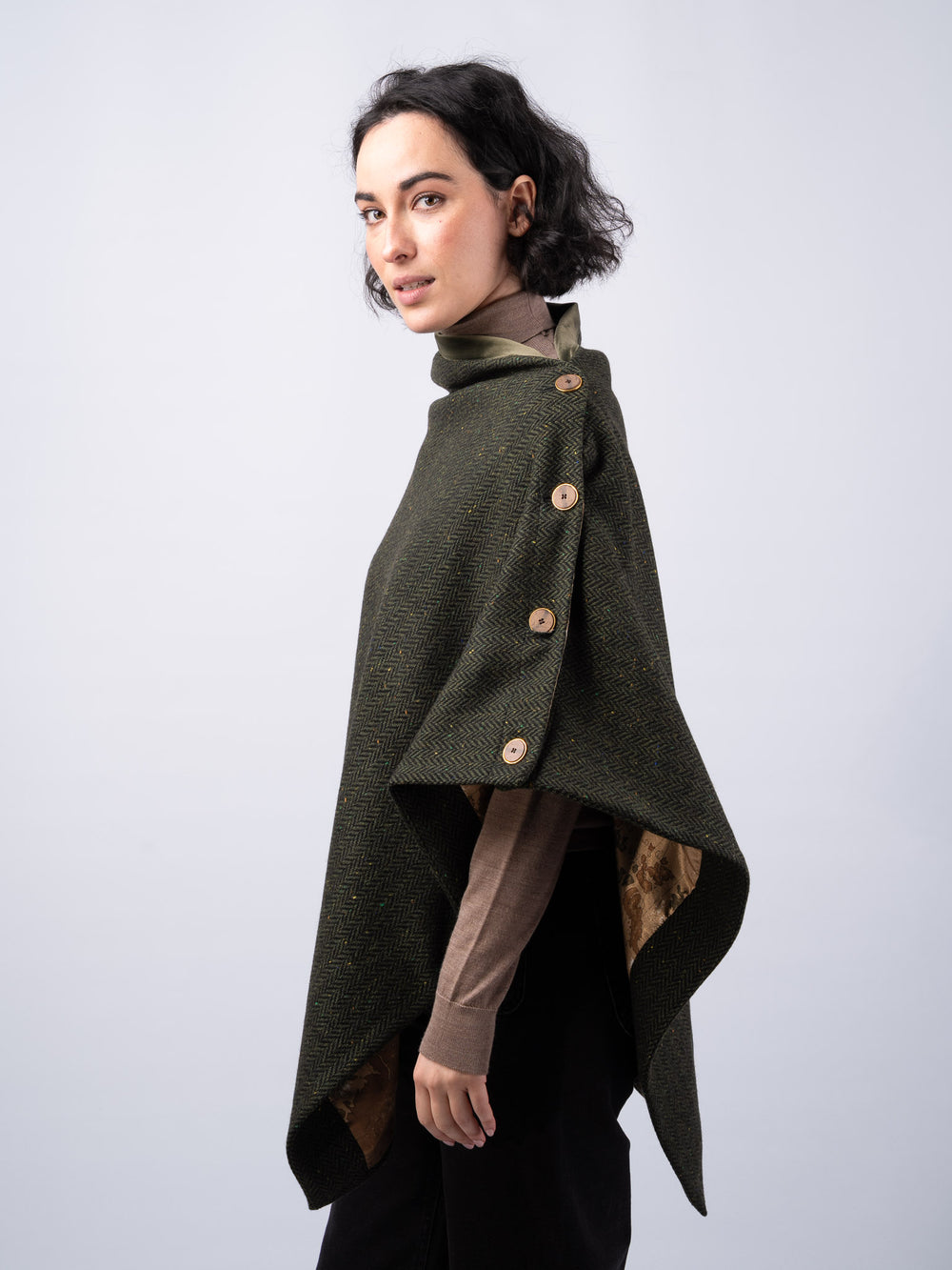 Women's Green Herringbone Tweed Wool Cape & Cloak