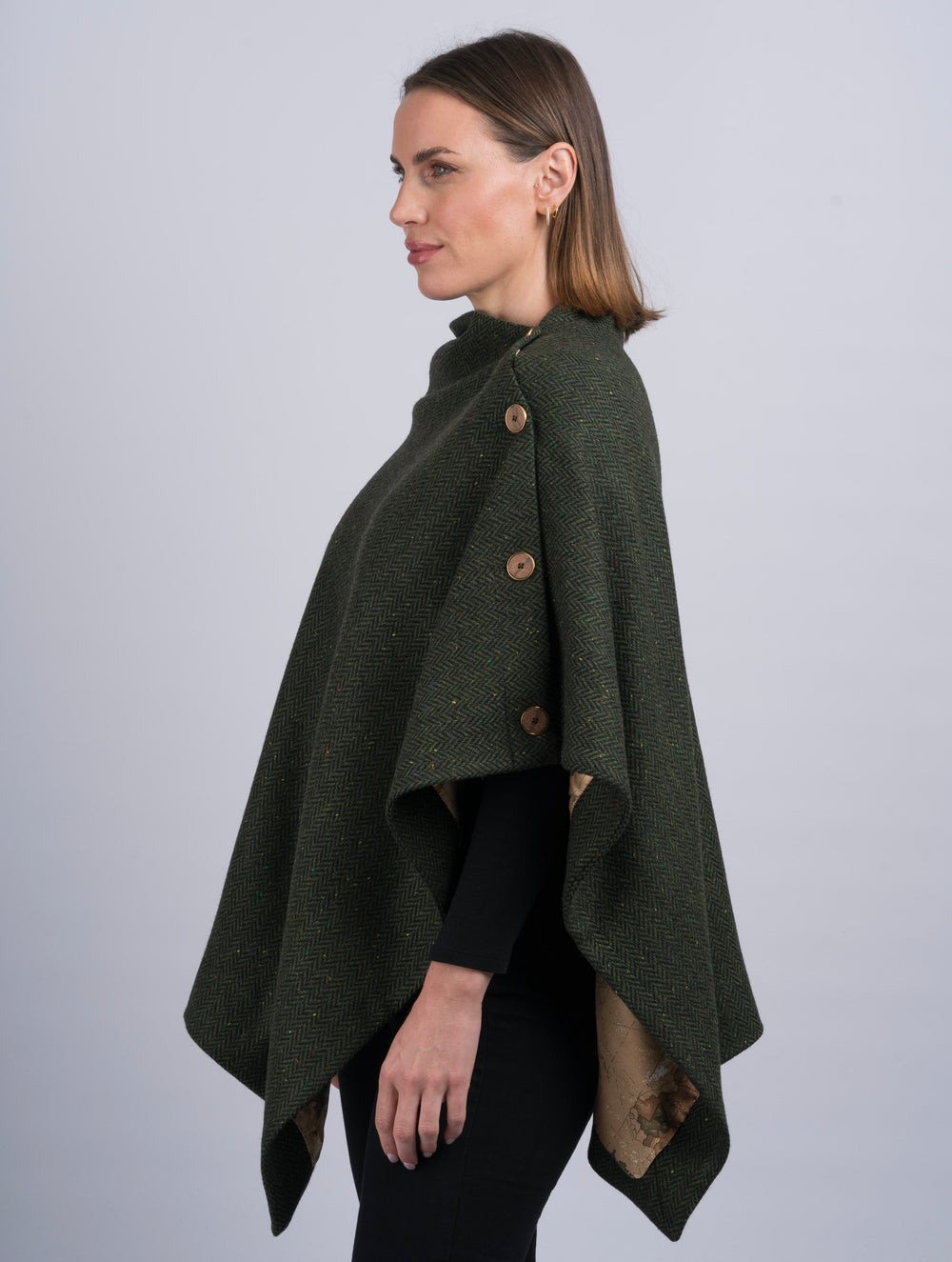 Women's Green Herringbone Tweed Wool Cape & Cloak
