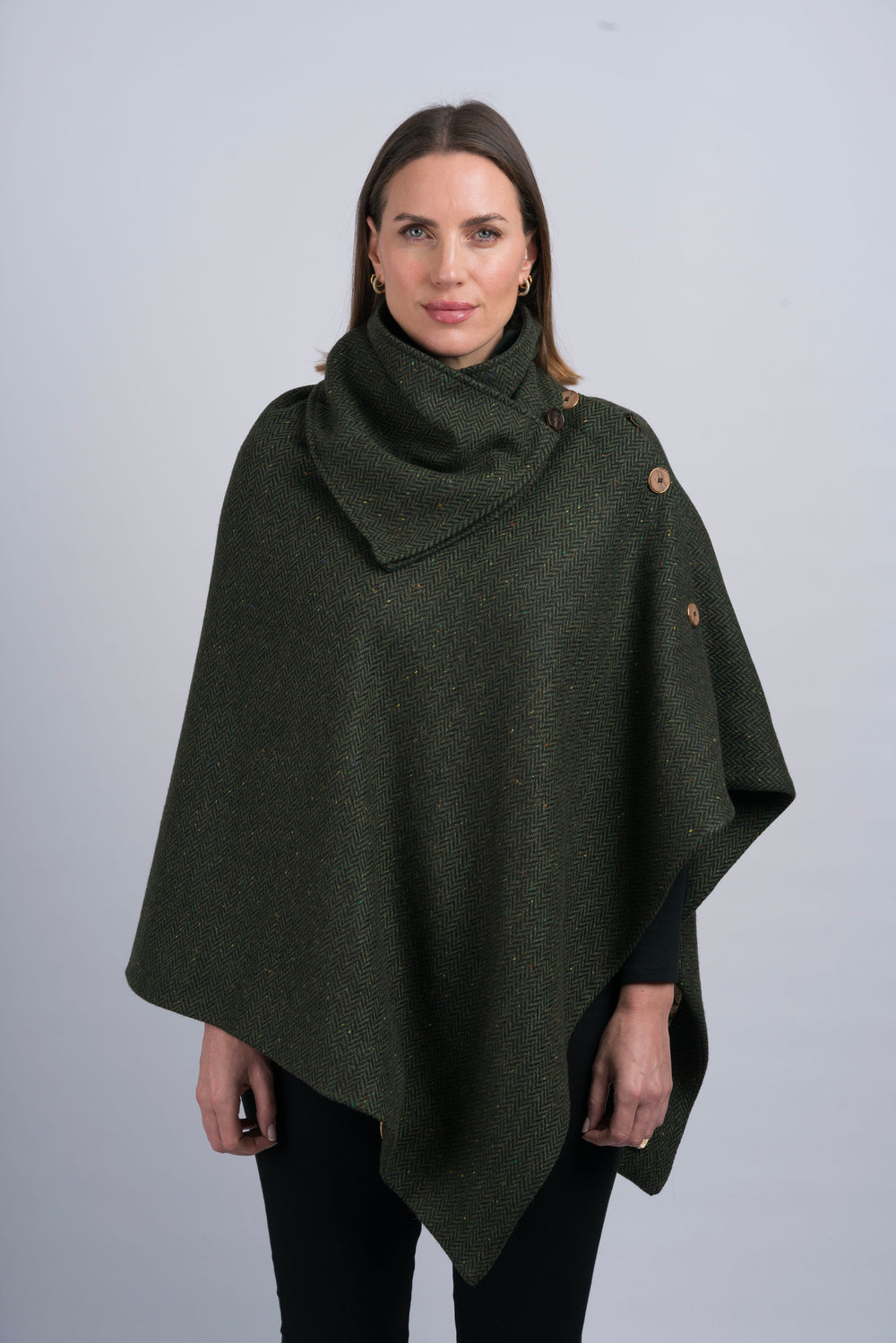 Women's Green Herringbone Tweed Wool Cape & Cloak