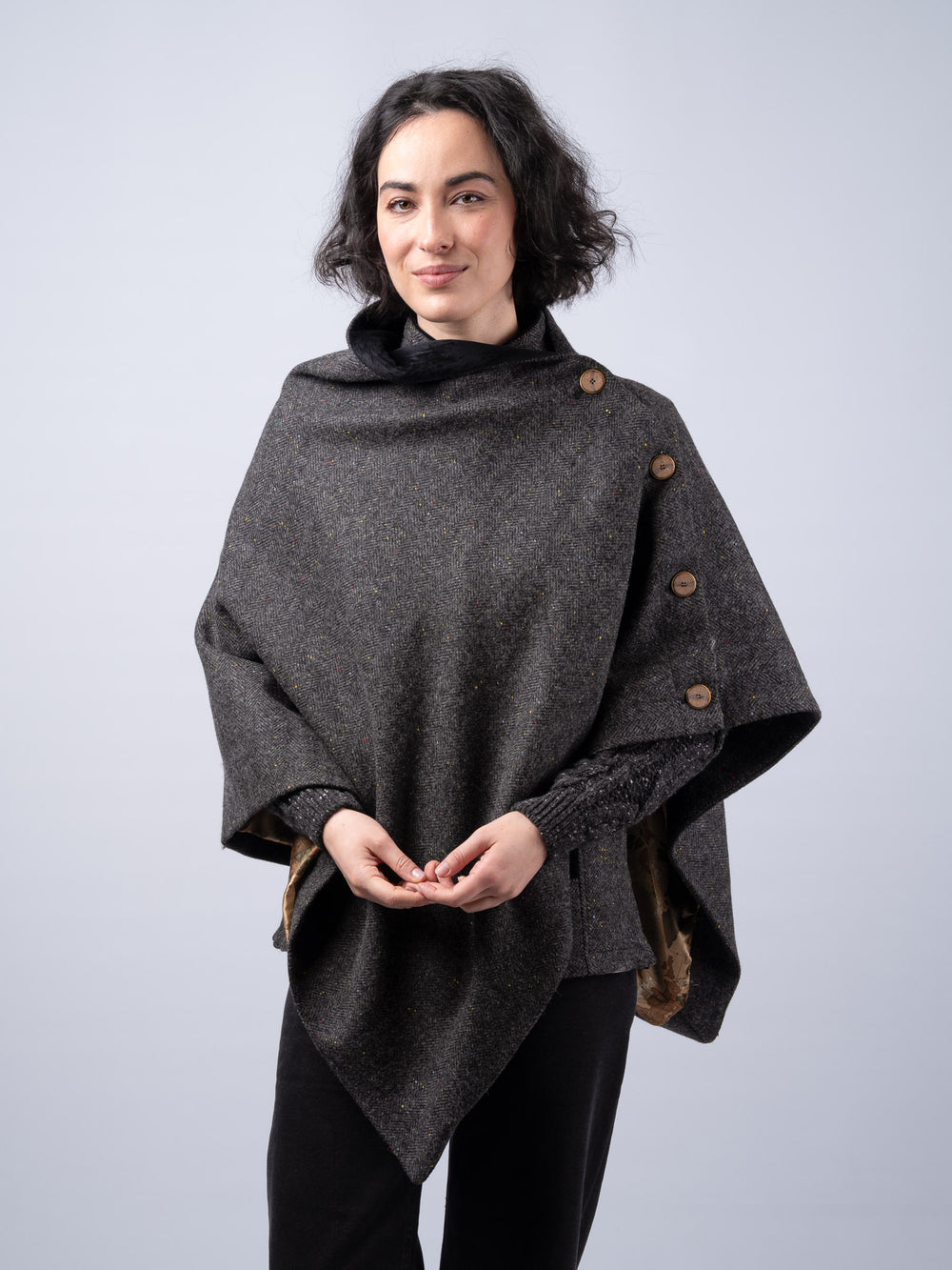 Women's Smoke Herringbone Tweed Cape & Cloak