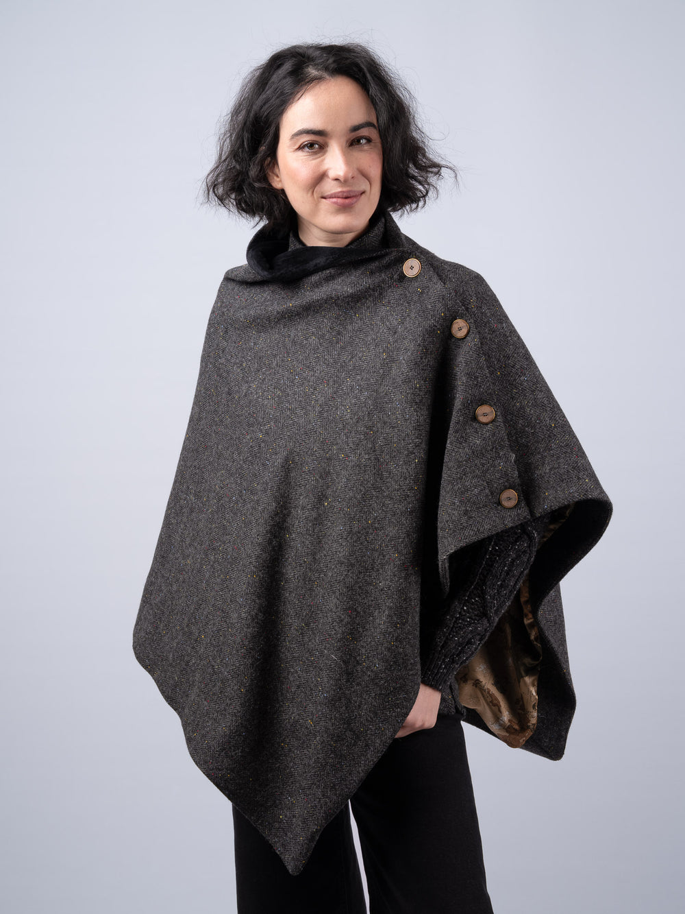 Women's Smoke Herringbone Tweed Cape & Cloak