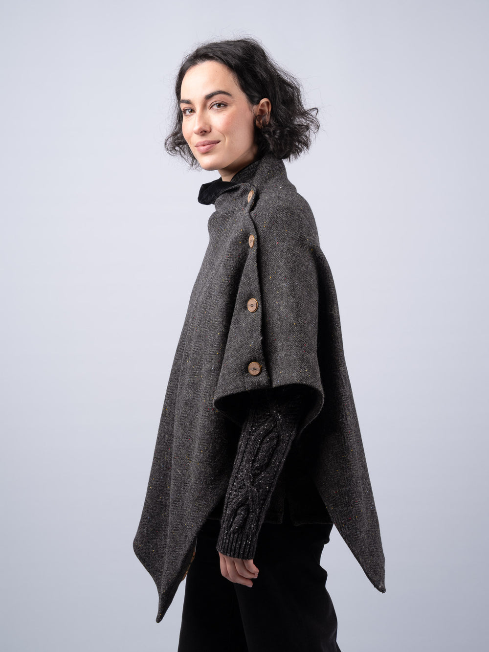 Women's Smoke Herringbone Tweed Cape & Cloak