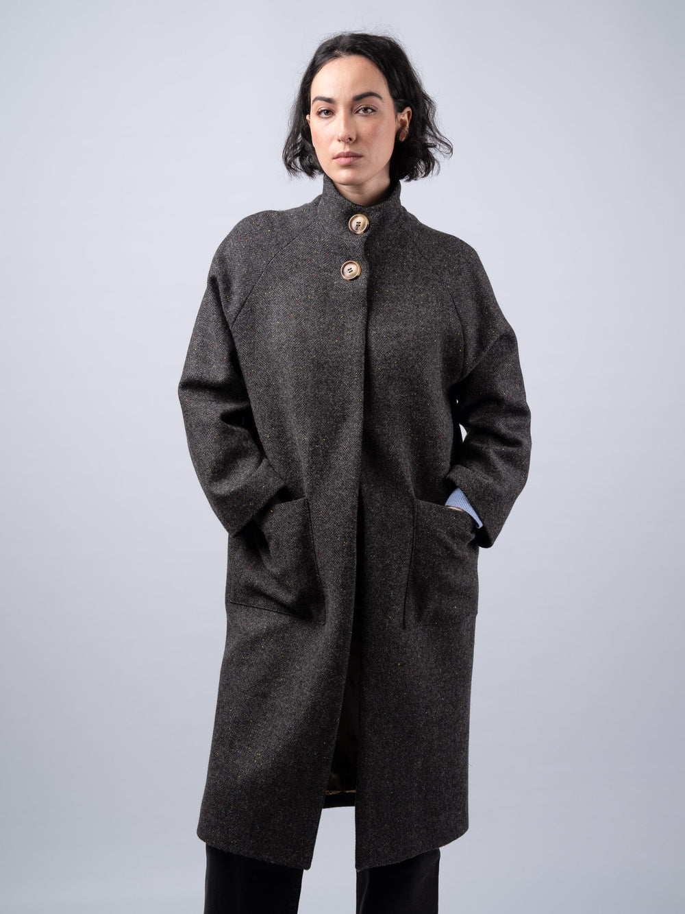 Women's Smoke Herringbone Tweed Funnel Neck Coat — Available to Preorder Now