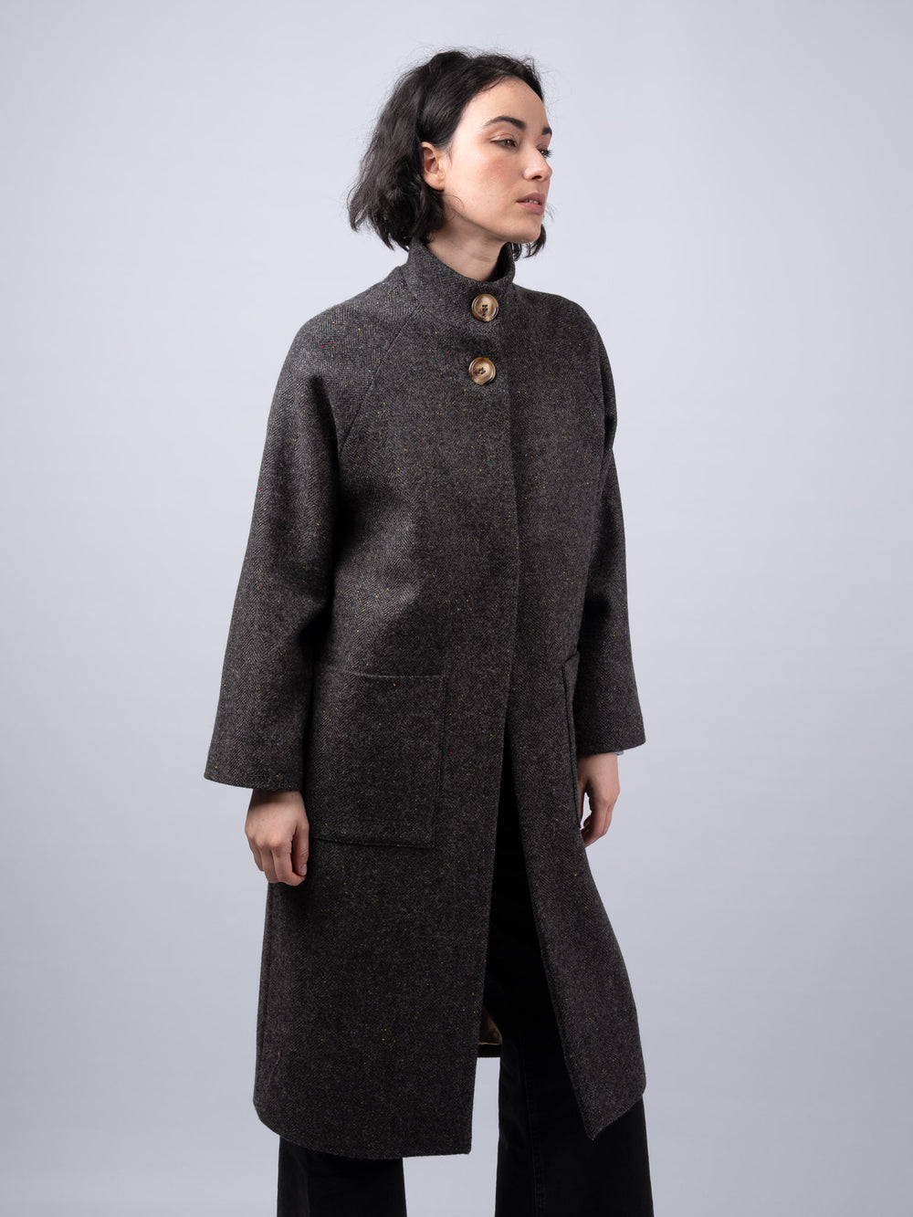 Women's Smoke Herringbone Tweed Funnel Neck Coat — Available to Preorder Now