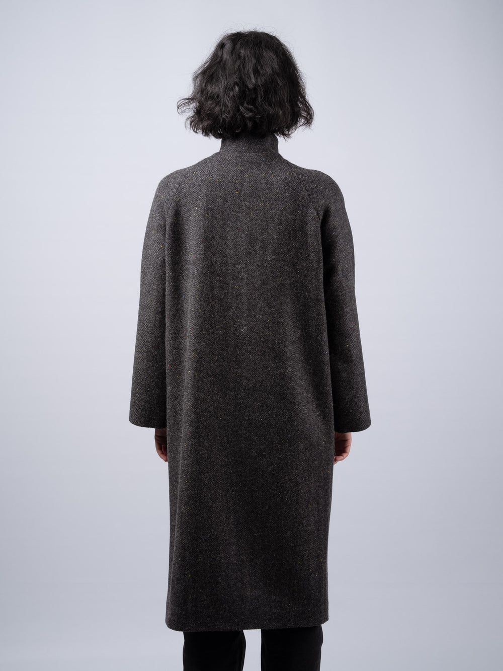 Women's Smoke Herringbone Tweed Funnel Neck Coat — Available to Preorder Now