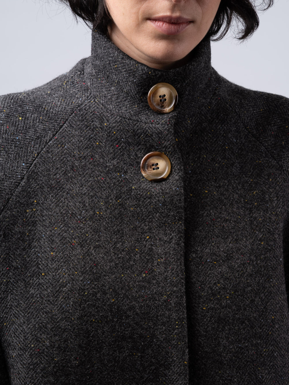Women's Smoke Herringbone Tweed Funnel Neck Coat — Available to Preorder Now