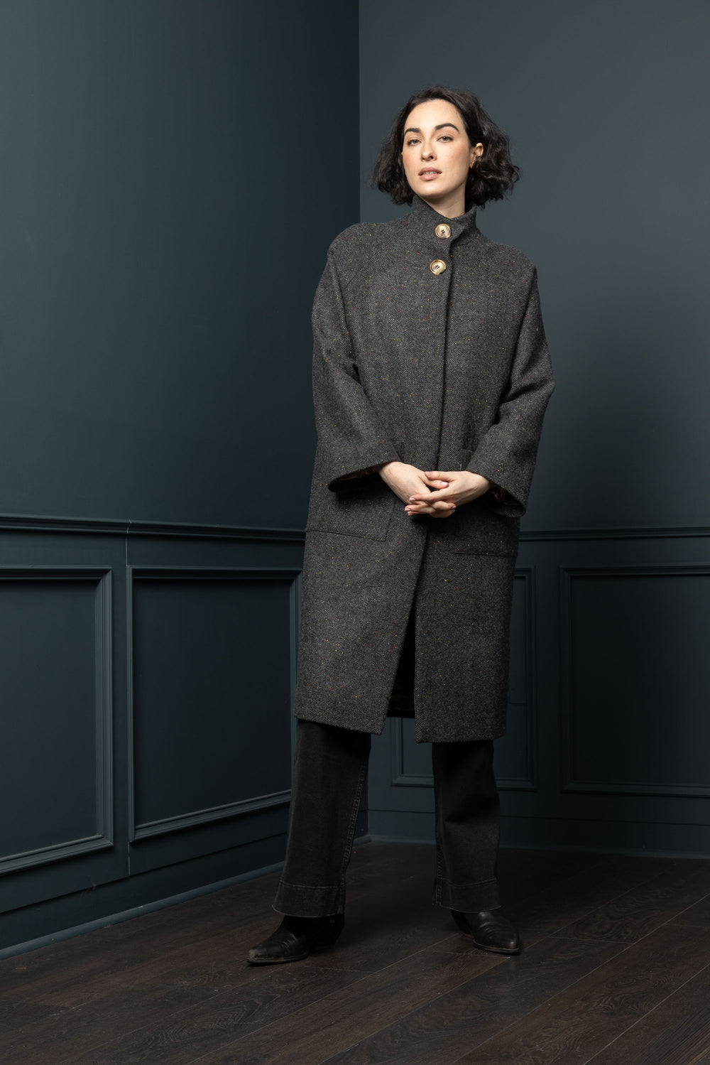 Women's Smoke Herringbone Tweed Funnel Neck Coat