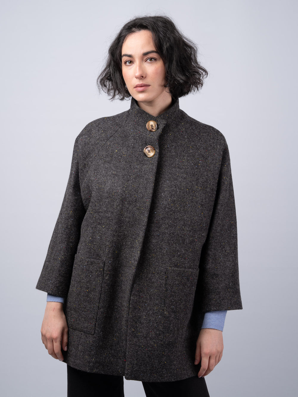 Women's Smoke Herringbone Tweed Cape Coat — Available to Preorder Now