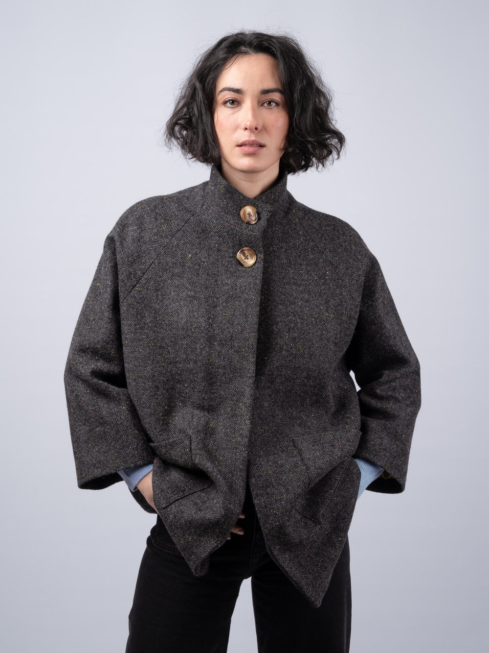 Women's Smoke Herringbone Tweed Cape Coat — Available to Preorder Now
