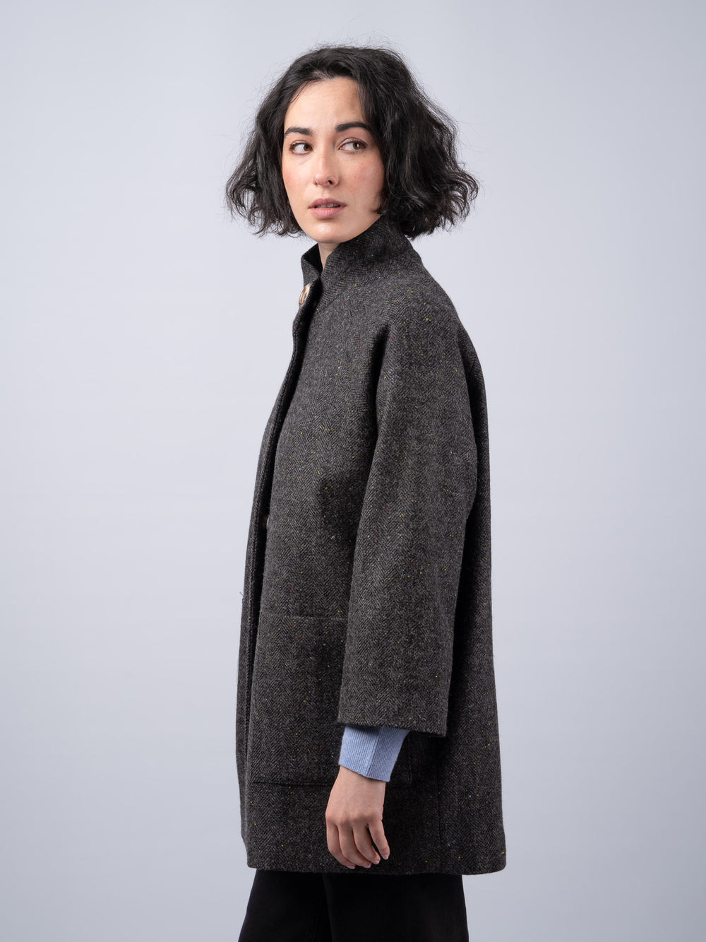 Women's Smoke Herringbone Tweed Cape Coat — Available to Preorder Now