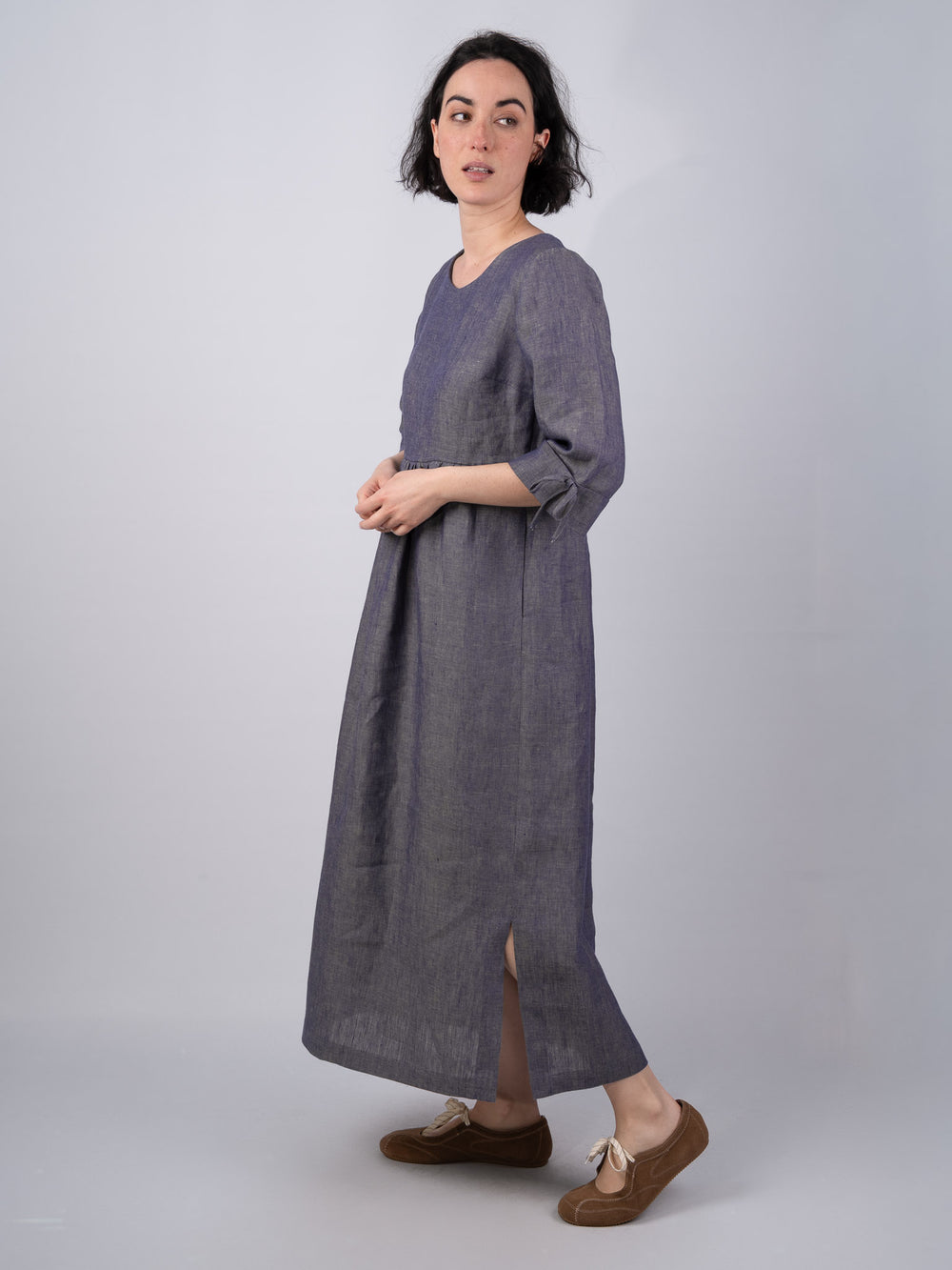 Women's Linen Denim Dress With Sleeves - Irish Linen Clothing Celtic Tweed Women's Linen Denim Dress With Sleeves - Irish Linen Clothing Celtic Tweed