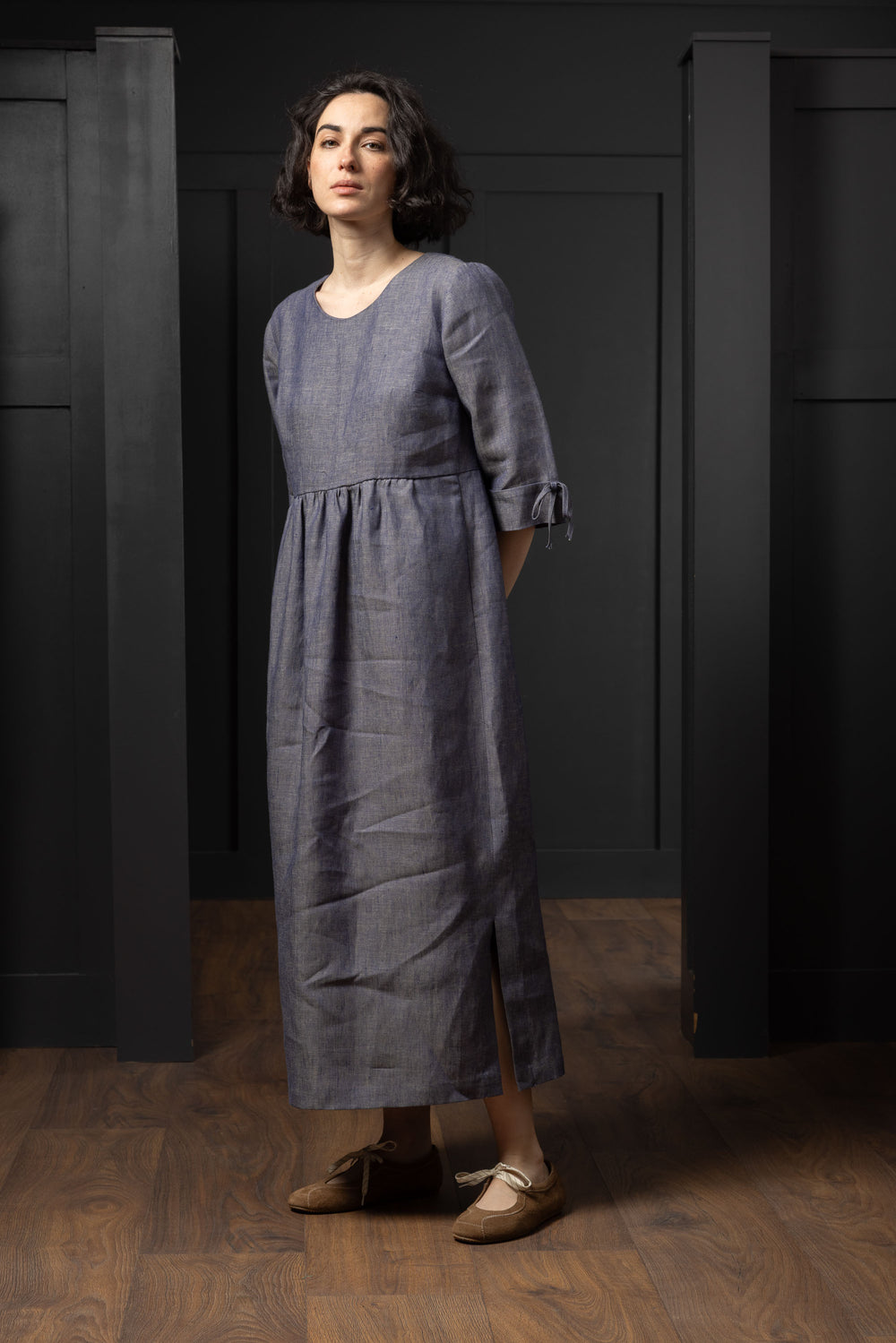 Women's Linen Denim Dress With Sleeves - Irish Linen Clothing Celtic Tweed Women's Linen Denim Dress With Sleeves - Irish Linen Clothing Celtic Tweed