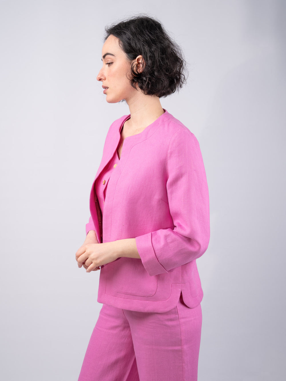 Women's Pink Linen Boxy Jacket & Blazer