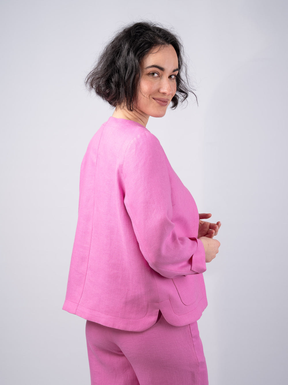 Women's Pink Linen Boxy Jacket & Blazer