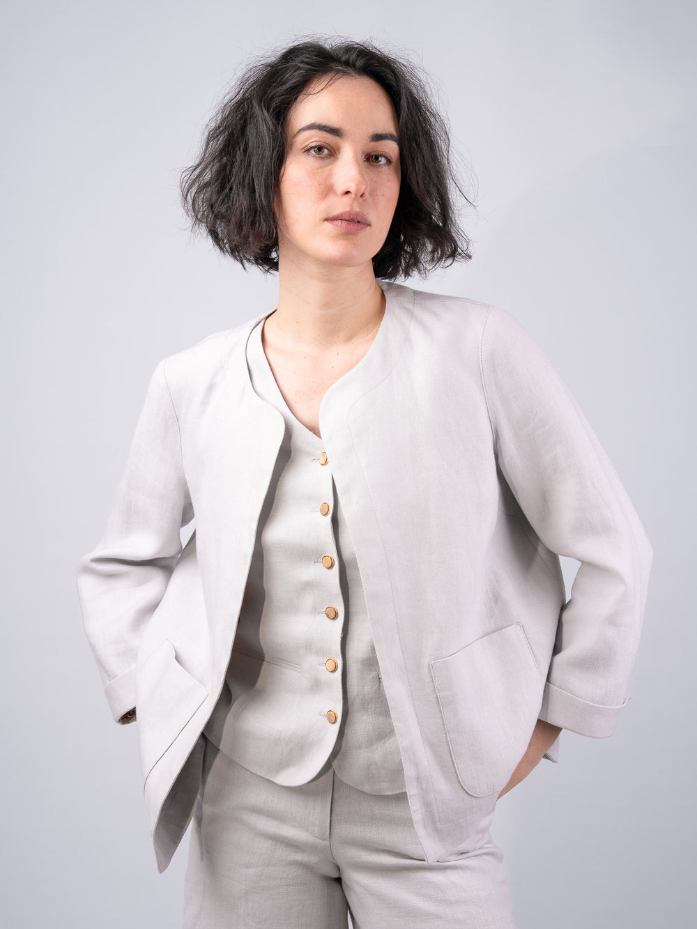 Women's Silver Linen Boxy Jacket & Blazer