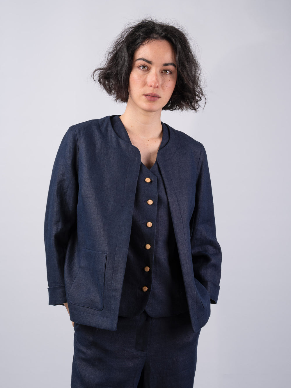Women's Navy Linen Boxy Jacket & Blazer