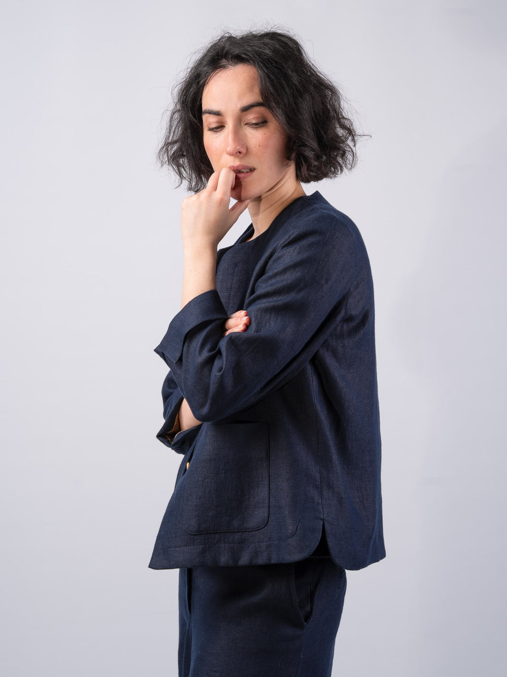 Women's Navy Linen Boxy Jacket & Blazer