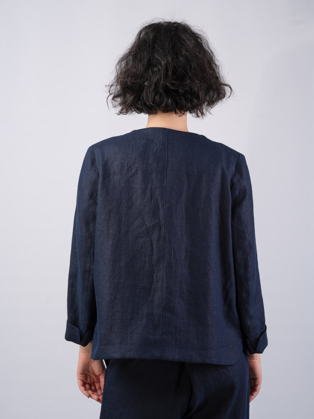 Women's Navy Linen Boxy Jacket & Blazer