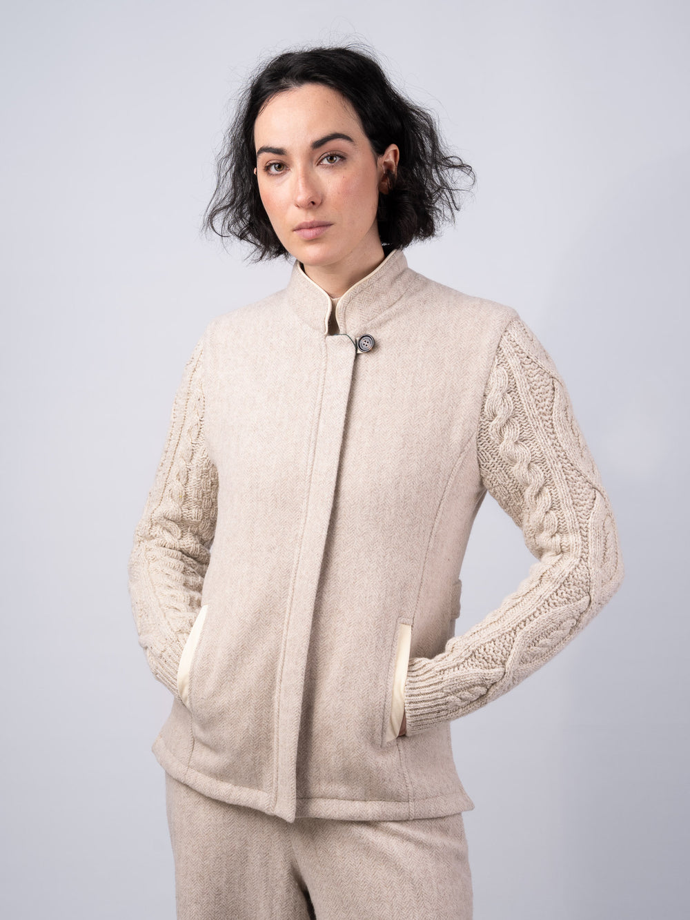The Constance Alpaca Tweed Jacket With Natural Cable Knit Sleeve