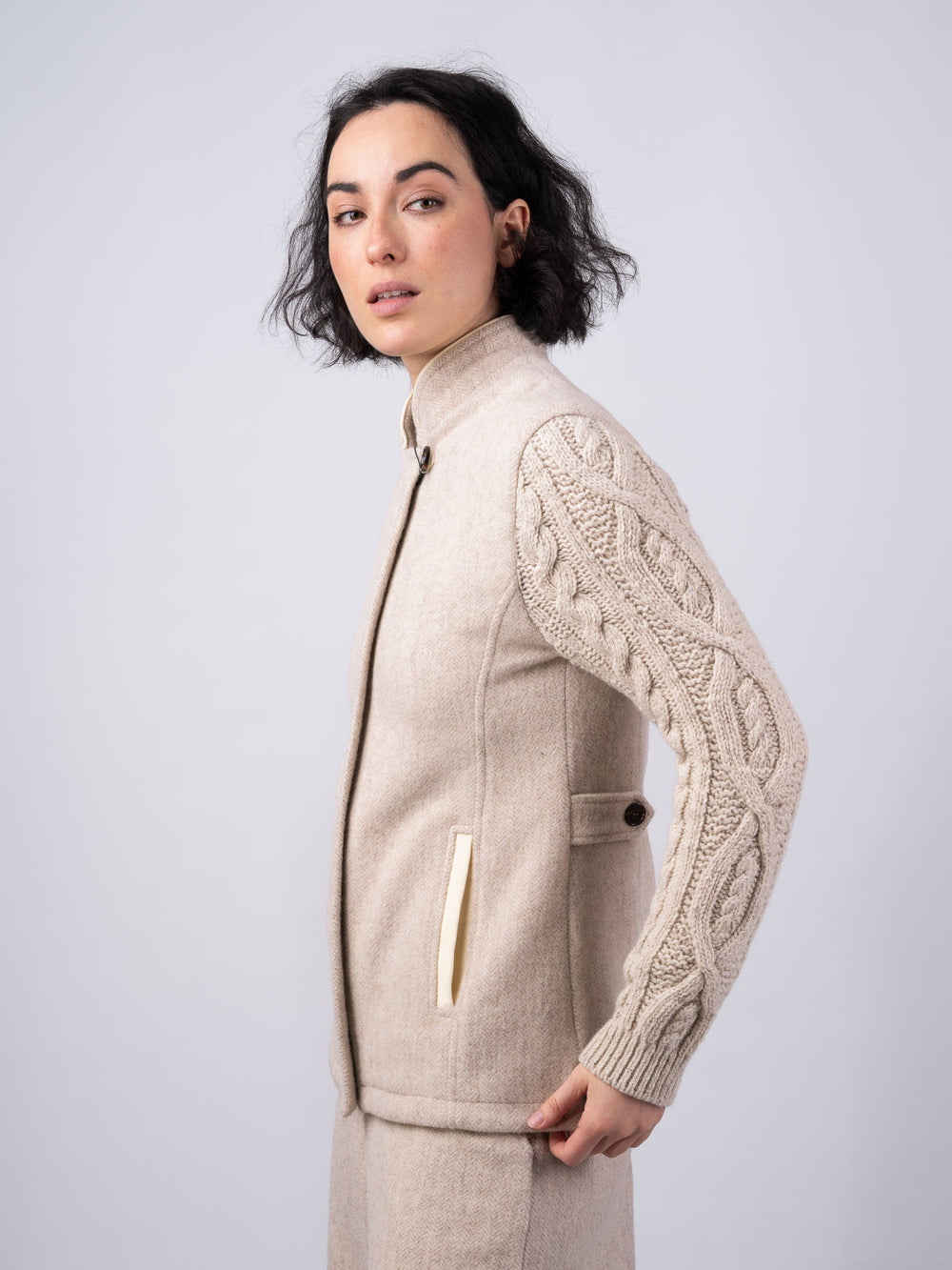The Constance Alpaca Tweed Jacket With Natural Cable Knit Sleeve