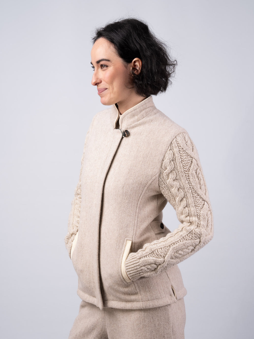 The Constance Alpaca Tweed Jacket With Natural Cable Knit Sleeve