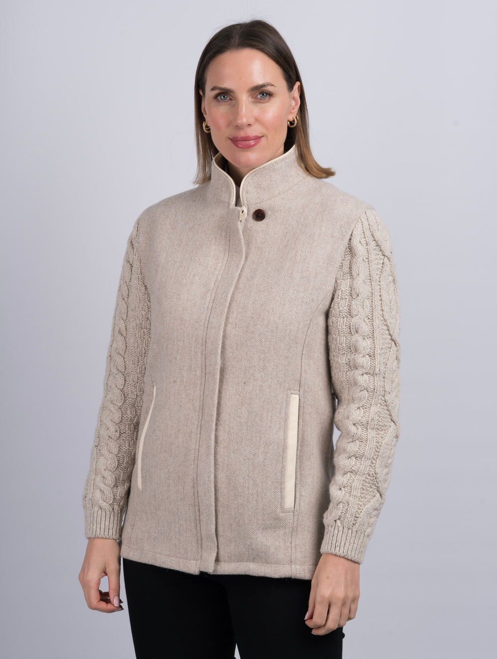The Constance Alpaca Tweed Jacket With Natural Cable Knit Sleeve