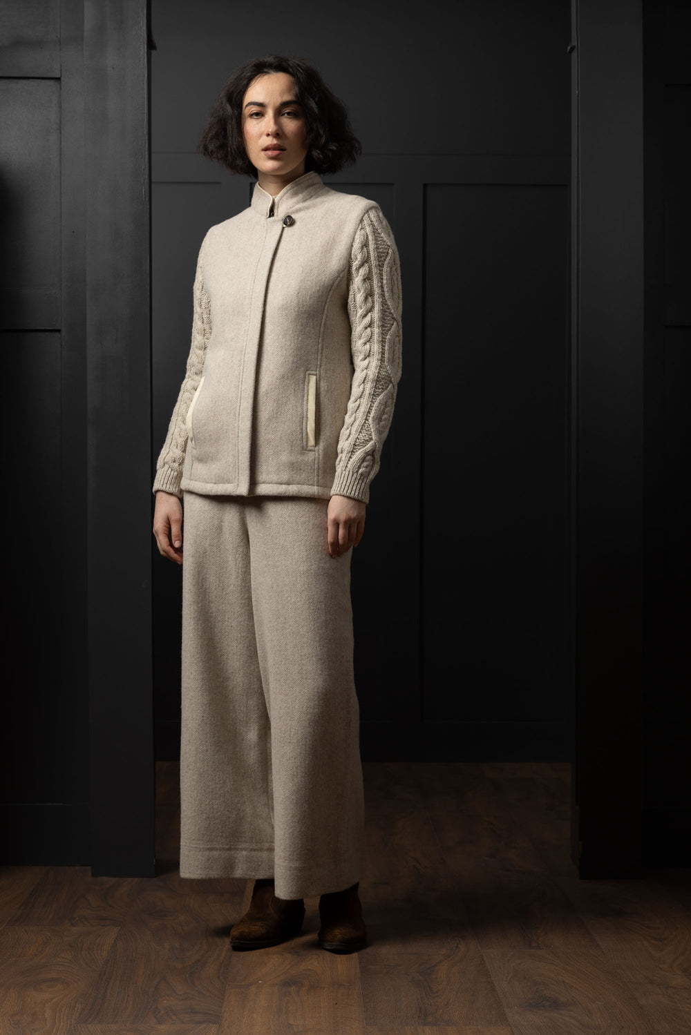 The Constance Alpaca Tweed Jacket With Natural Cable Knit Sleeve