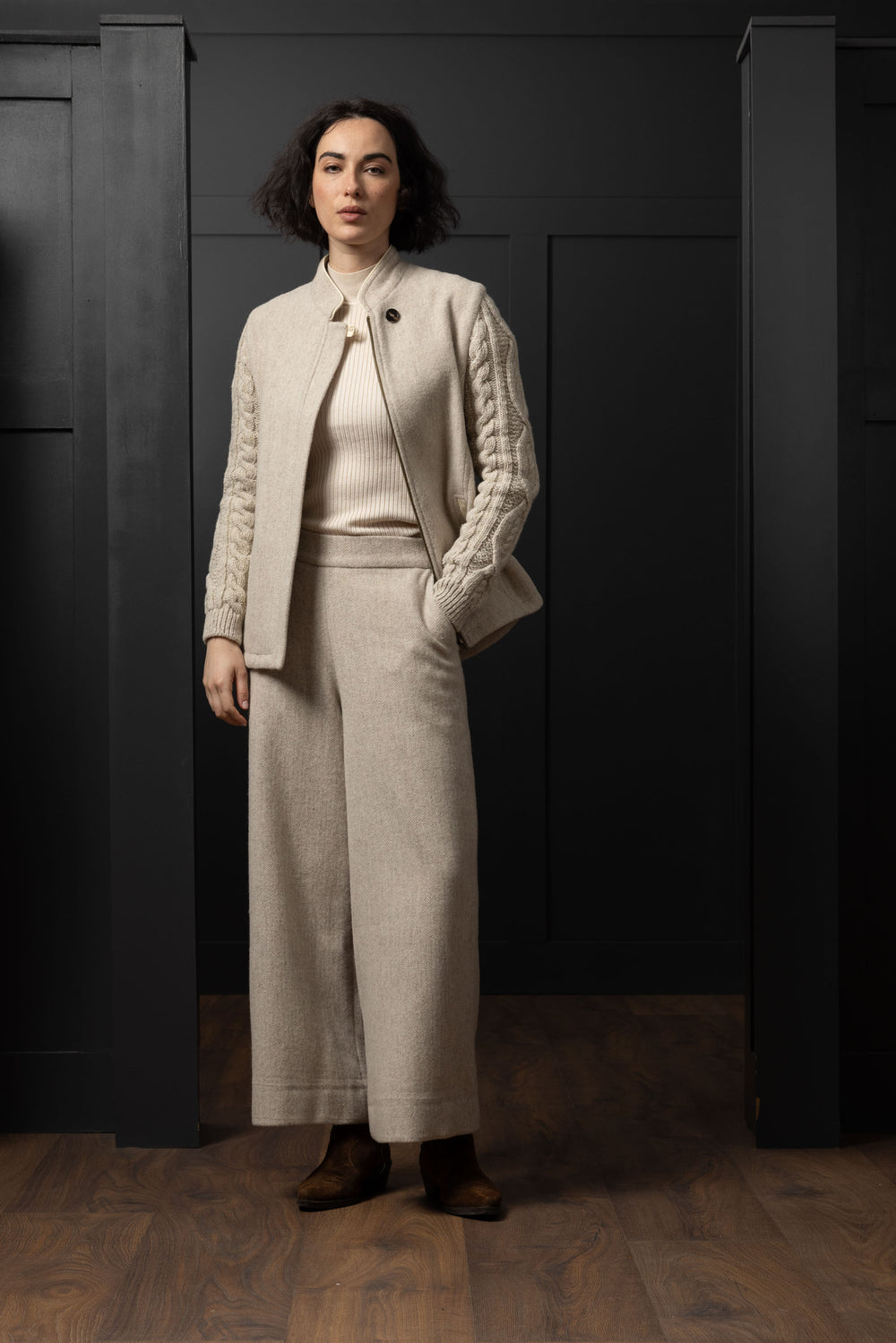 The Constance Alpaca Tweed Jacket With Natural Cable Knit Sleeve