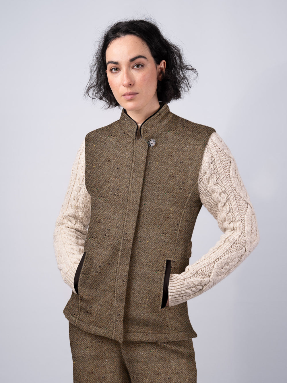 The Constance Fawn Tweed Jacket With Natural Cable Knit Sleeve