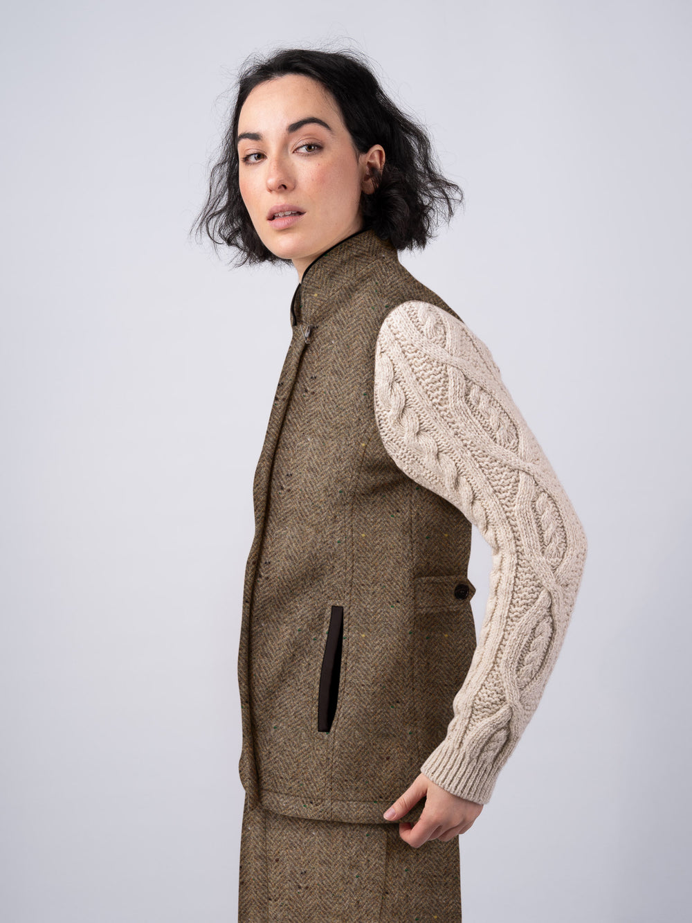 The Constance Fawn Tweed Jacket With Natural Cable Knit Sleeve