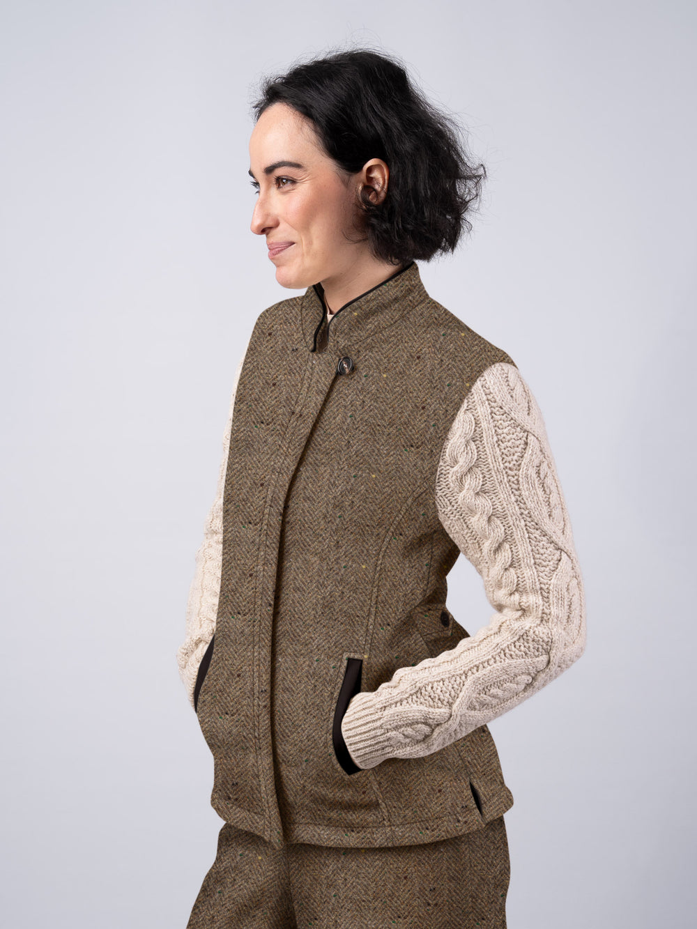 The Constance Fawn Tweed Jacket With Natural Cable Knit Sleeve