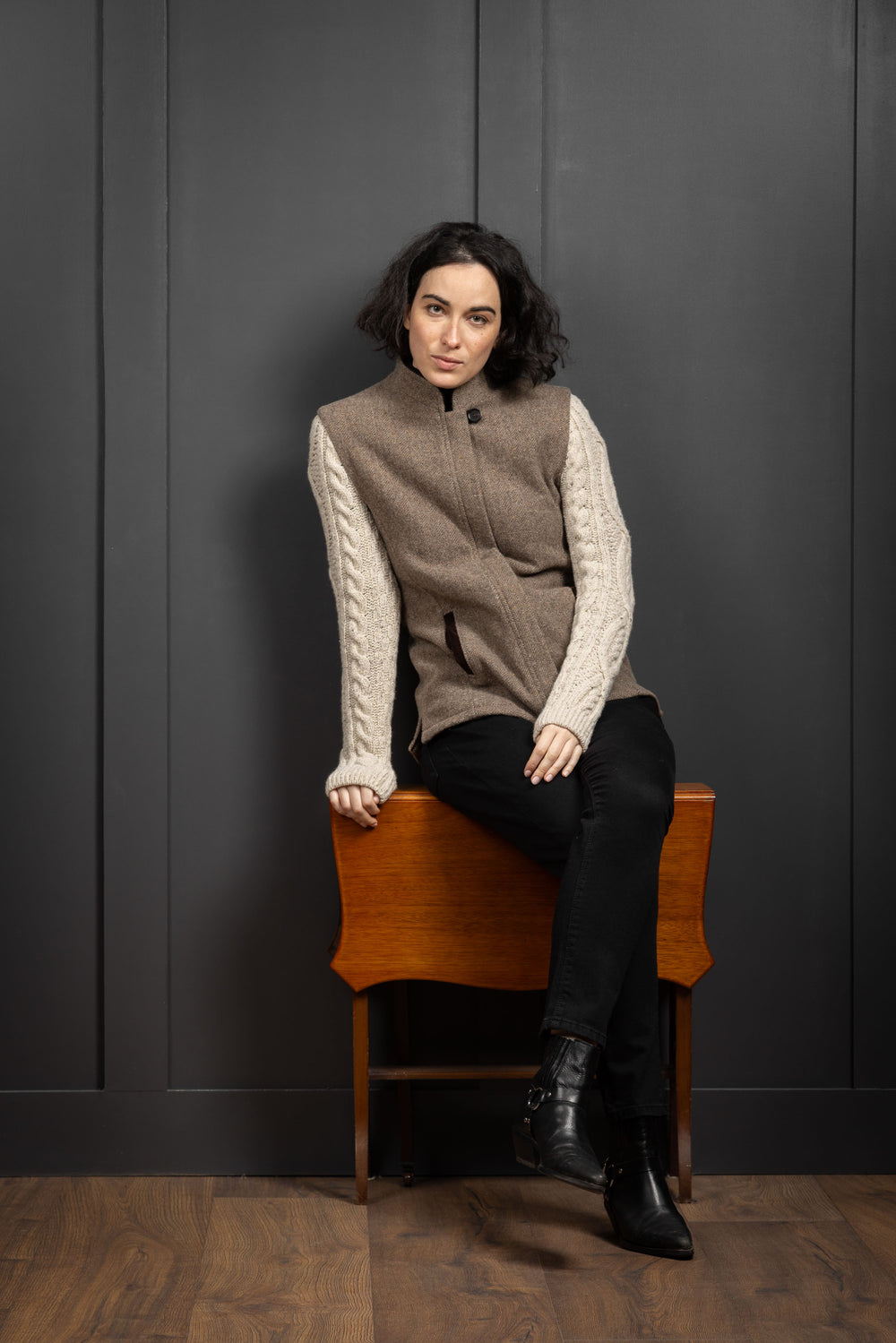The Constance Fawn Tweed Jacket With Natural Cable Knit Sleeve