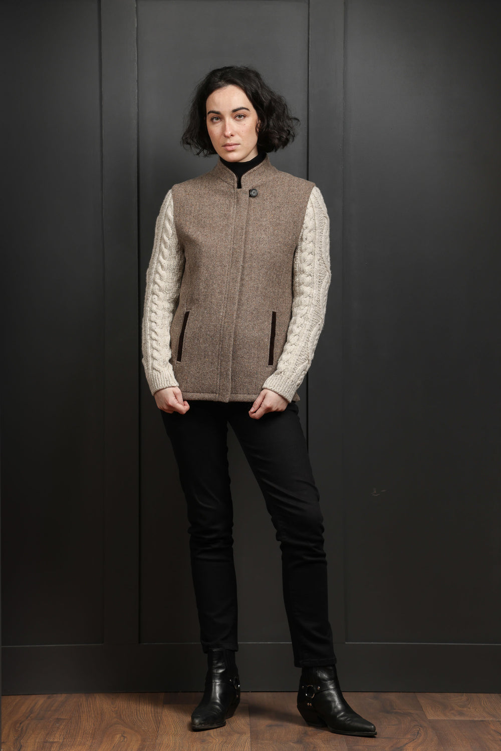 The Constance Fawn Tweed Jacket With Natural Cable Knit Sleeve